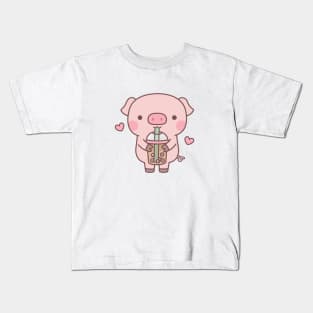 Cute Little Pig Loves Boba Tea Kids T-Shirt